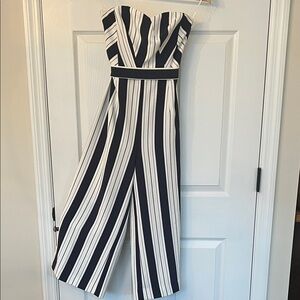H&M Dark Navy and Creamy White Striped Strapless Jumpsuit